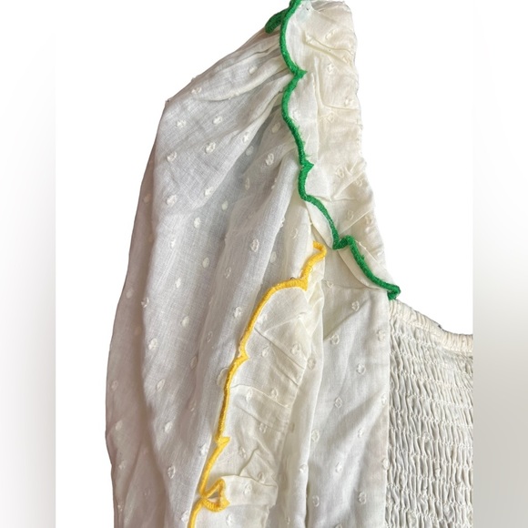 ✅Farm RIO Off-White Textured Puff Sleeve Midi Dress NWT S pleated front ruffle - Picture 6 of 10